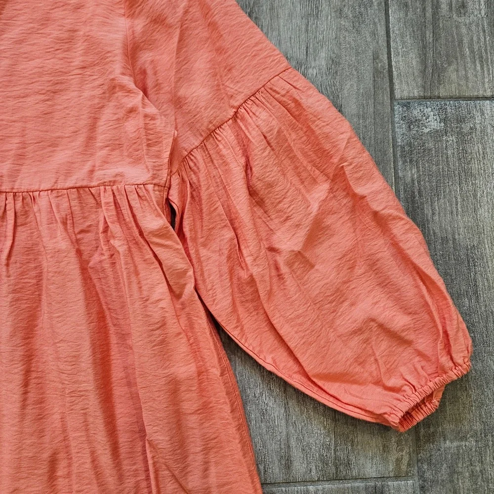 Michelle McDowell Tunic Dress Size L Coral Ruffle Neck Balloon Sleeve Girly Boho